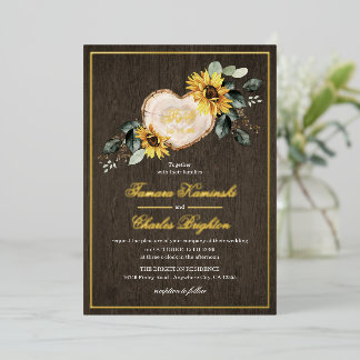 Invitación Con Relieve Metalizado Boda Rústica de Corazón de Acuarela de Girasol