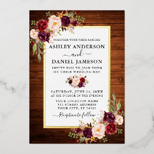 Invitación Con Relieve Metalizado Boda Rústica de Madera Dorada con Acuarela Floral