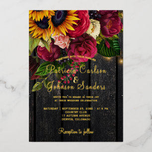 Invitación Con Relieve Metalizado Boda rústica de otoño con girasoles y rosas borgoñ