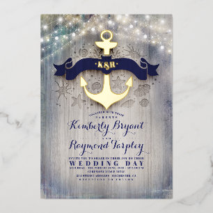 Invitación Con Relieve Metalizado Boda rústica en la playa con ancla dorada y azul m