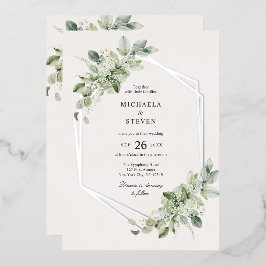 Invitación Con Relieve Metalizado Boda rústica geométrica de follaje real Todo en Un