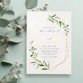 Invitación Con Relieve Metalizado Boda rústica geométrica de verde moderno dorado