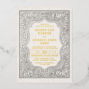 Invitación Con Relieve Metalizado Boda rústica occidental de cuero trabajado al país