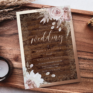 Invitación Con Relieve Metalizado Boda Rústica Vintage Rosa Floral Oro Rosa