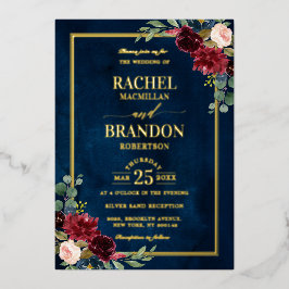 Invitación Con Relieve Metalizado Boda Rústico Azul de la Marina de Oro Floral de Bo