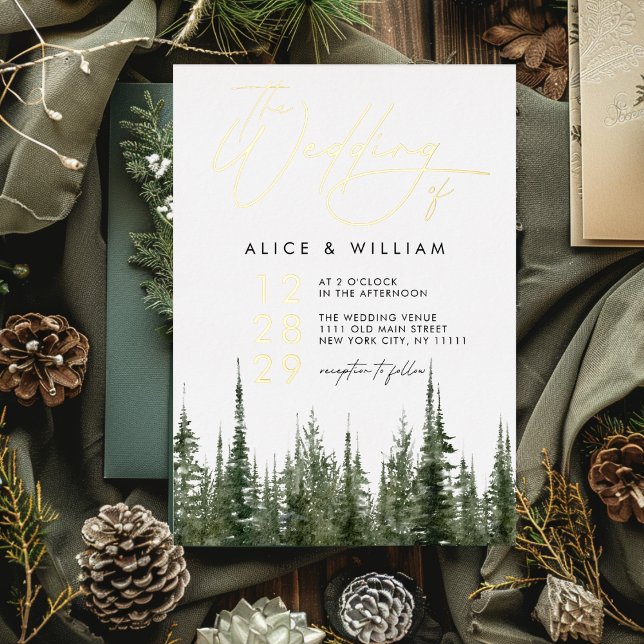 Invitación Con Relieve Metalizado Boda Rústico de los pinos acuáticos (Watercolor Forest Pine Trees Rustic Wedding Foil Invitation)