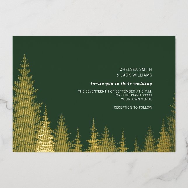 Invitación Con Relieve Metalizado Boda Rústico Dorado de Árboles Eververdes (Anverso)