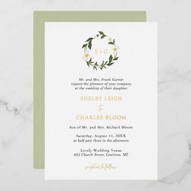 Invitación Con Relieve Metalizado Boda Rústico Floral de margarita blanca (Anverso/Reverso)