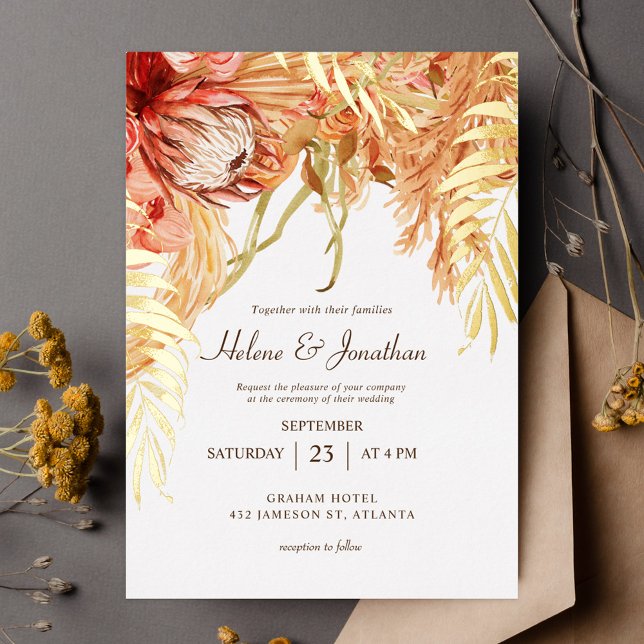 Invitación Con Relieve Metalizado Boda Rústico Floral de Terracotta (Terracotta Floral Rustic Wedding Foil Invitation)
