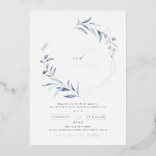 Invitación Con Relieve Metalizado Boda Rústico Geométrico Dusty Greenery Silver