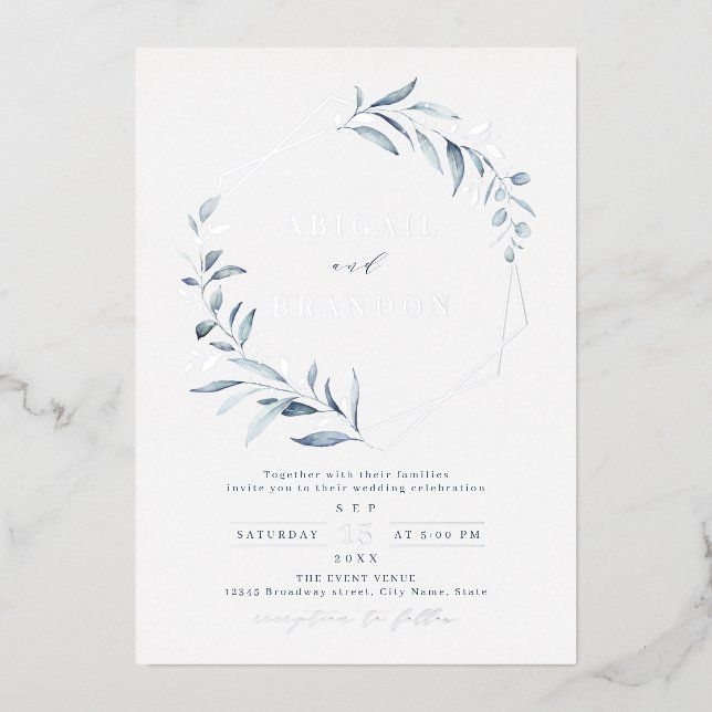 Invitación Con Relieve Metalizado Boda Rústico Geométrico Dusty Greenery Silver (Anverso)