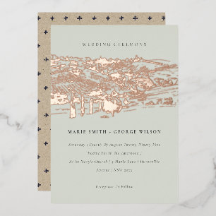 Invitación Con Relieve Metalizado Boda Sagrada Rosa Dorado Foil Viñedo Boceto