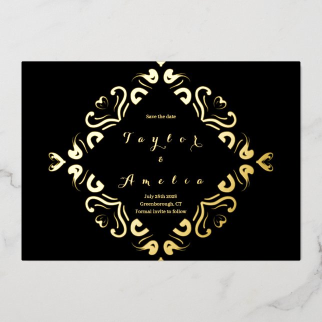 Invitación Con Relieve Metalizado Boda Salvar la fecha Black Real Gold (Anverso)