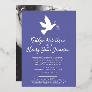 Invitación Con Relieve Metalizado Boda sencilla paloma azul plateada de Dove con fot