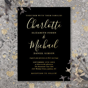 Invitación Con Relieve Metalizado Boda Signature All In One Negro Oro