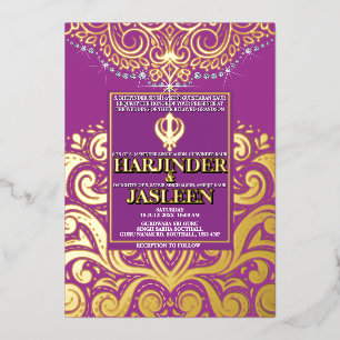 Invitación Con Relieve Metalizado Boda Sikh LuxGlitter Morado Dorado Anand Karaj