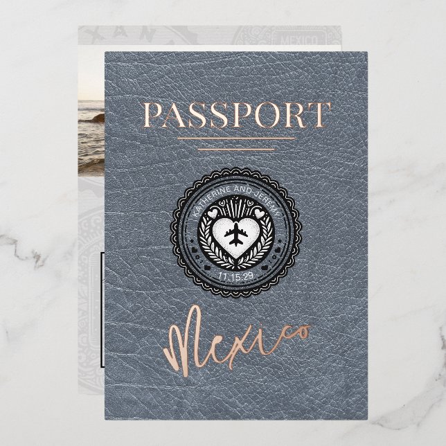 Invitación Con Relieve Metalizado Boda Silver Mexico Passport (Anverso/Reverso)