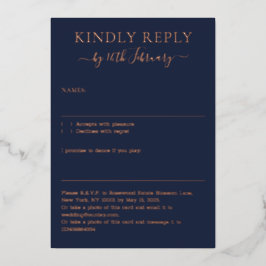 Invitación Con Relieve Metalizado Boda Simple Azul Marino Medianoche Responder Amabl