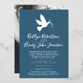 Invitación Con Relieve Metalizado Boda simple de color azul dorado foto personalizad