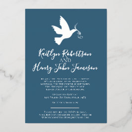 Invitación Con Relieve Metalizado Boda simple de color azul dorado foto personalizad