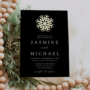 Invitación Con Relieve Metalizado Boda Simple de Copo de Nieve Negro y Dorado