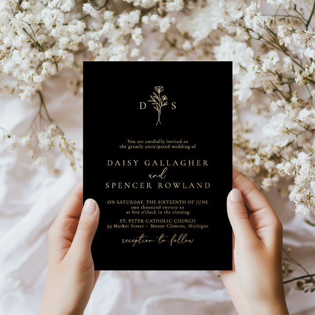 Invitación Con Relieve Metalizado Boda simple de monograma floral Minimalista negro (Subido por el creador)