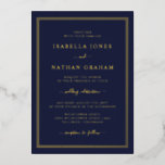 Invitación Con Relieve Metalizado Boda simple de oro de la marina<br><div class="desc">Sencilla y elegante,  esta formal invitación a la boda azul marino cuenta con un elegante borde triple y un elegante guión caligráfico presionado en Relieve metalizado oro real.</div>