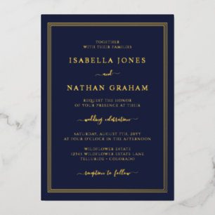 Invitación Con Relieve Metalizado Boda Simple de Oro Naval