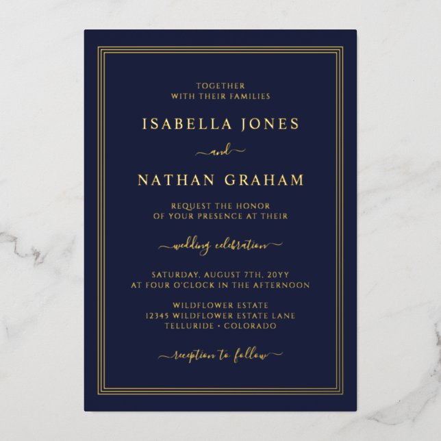 Invitación Con Relieve Metalizado Boda Simple de Oro Naval (Anverso)