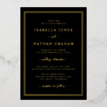 Invitación Con Relieve Metalizado Boda simple de oro negro<br><div class="desc">Simple Invitación al Relieve metalizado Boda de oro. Sencilla y elegante,  esta invitación formal a la boda incluye un elegante borde triple y un elegante guión caligráfico presionado en Relieve metalizado de oro real.</div>