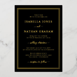 Invitación Con Relieve Metalizado Boda Simple de Oro Negro