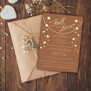 Invitación Con Relieve Metalizado Boda Simple de Otoño con Follaje