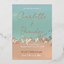 Invitación Con Relieve Metalizado Boda Simple de Verano en la Playa con Rosegold