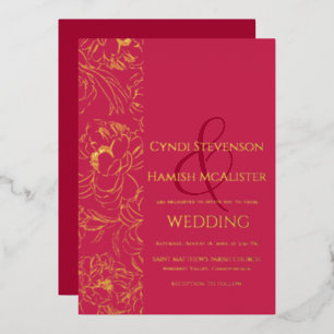Invitación Con Relieve Metalizado Boda Simple Floral Viva Magenta