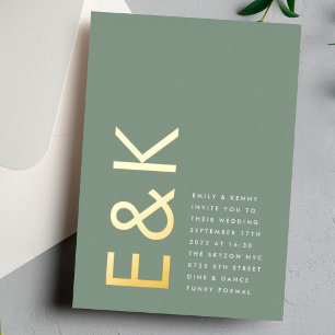 Invitación Con Relieve Metalizado Boda Simple Monograma Oro Verde Salvia Ultra