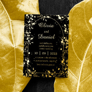 Invitación Con Relieve Metalizado Boda Simple Noche Estrellada de Oro y Negro