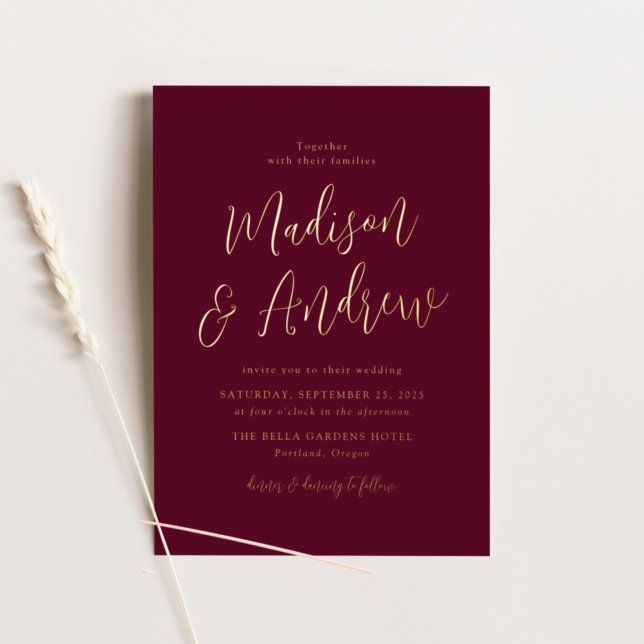 Invitación Con Relieve Metalizado Boda Simple Script Borgoña y Oro (Subido por el creador)