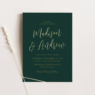 Invitación Con Relieve Metalizado Boda Simple Script Bosque Verde y Dorado