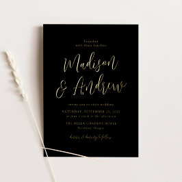 Invitación Con Relieve Metalizado Boda Simple Script Negro y Dorado
