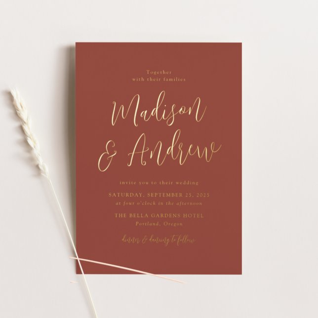 Invitación Con Relieve Metalizado Boda Simple Script Rust y Oro (Subido por el creador)