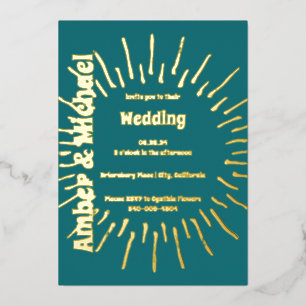 Invitación Con Relieve Metalizado Boda Soleada Retro Azul Turquesa y Dorado