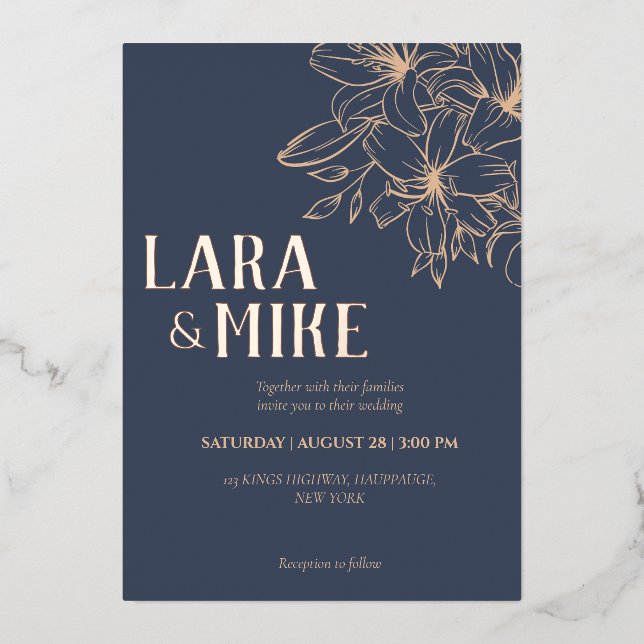 Invitación Con Relieve Metalizado Boda suave azul oscuro (Anverso)