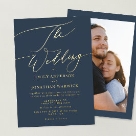 Invitación Con Relieve Metalizado Boda Superpuesta de Foto Dorada Elegante Azul Mari