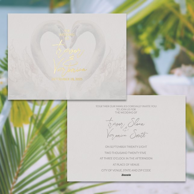 Invitación Con Relieve Metalizado Boda Swan (Enhance your wedding invites with real gold foil invitations. Swan design.)