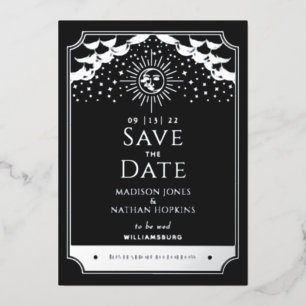 Invitación Con Relieve Metalizado Boda Tarot Luna Sol Plata Negro Save the Date