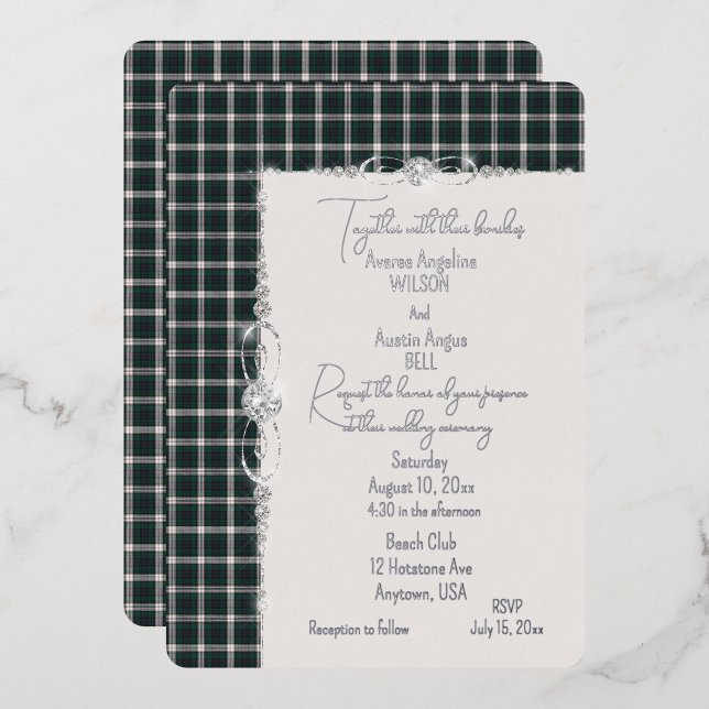 Invitación Con Relieve Metalizado Boda Tartan Plaid de Black Watch (Anverso/Reverso)