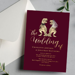Invitación Con Relieve Metalizado Boda temática de dinosaurios Burgundy Oro