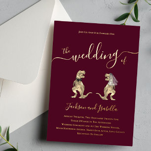 Invitación Con Relieve Metalizado Boda temática de dinosaurios Burgundy y dorado