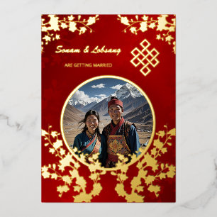 Invitación Con Relieve Metalizado Boda Tibetana Rojo Oro Foto