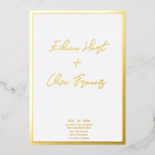 Invitación Con Relieve Metalizado Boda Tipografía Borde de Oro Blanco Mínimo